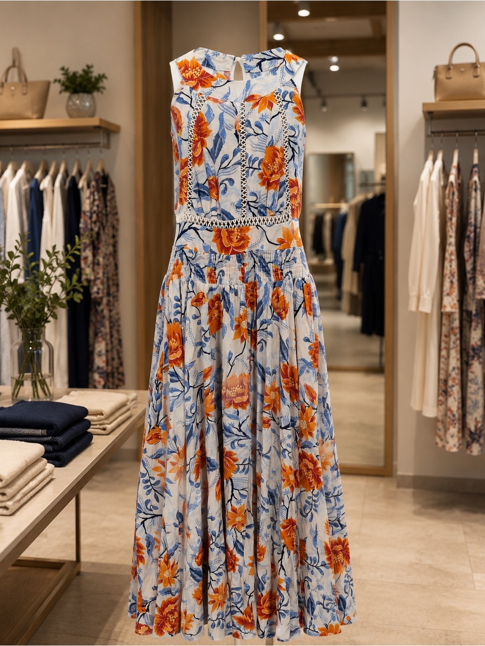 Anthropologie Sleeveless Floral Maxi Dress in Light Blue with Orange Bloom - Picture 1 of 7